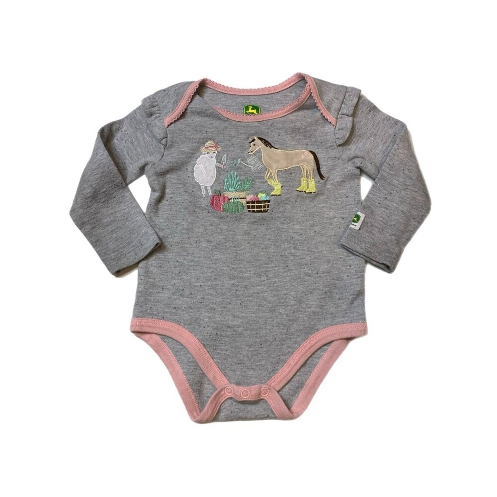 John Deere Girls Grey Horse Sheep Garden Friends Long Sleeve Onesie 9-12M